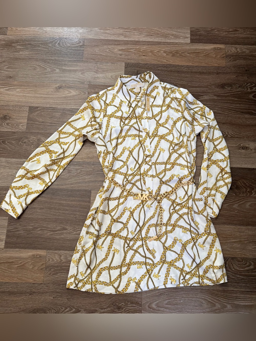 Michael Kors White & Gold Chain-Print Long Sleeve Shirt Dress